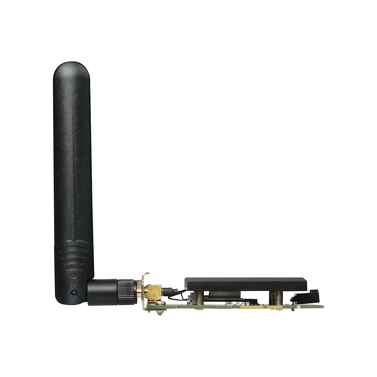 Ein drahtloser Netzwerkadapter mit schwarzer Antenne und einer Leiterplatte.