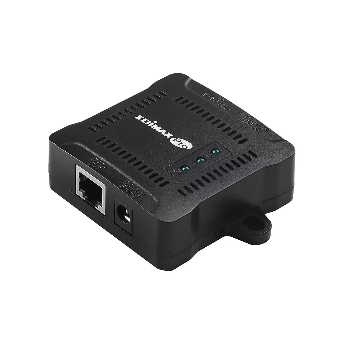 Schwarzer EDIMAX Pro Netzwerkadapter mit Netzwerk- und StromanschlÃ¼ssen, drei grÃ¼nen Kontrollleuchten.