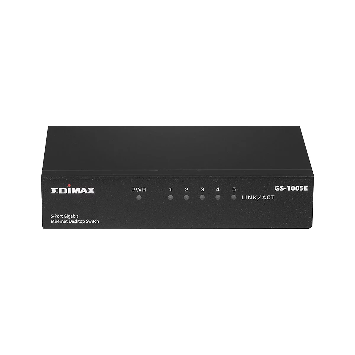 Schwarzer Edimax 5-Port Gigabit Ethernet Desktop Switch mit Status-LEDs vor weißem Hintergrund.
