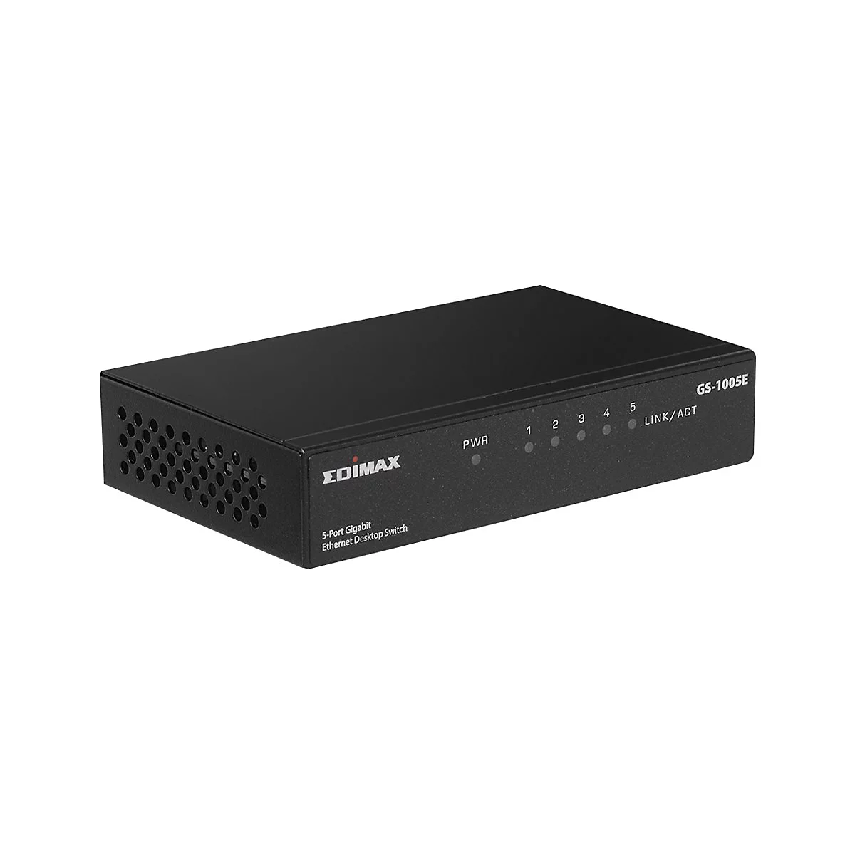 Schwarzer Edimax 5-Port Gigabit Desktop Switch in Frontansicht auf weißem Hintergrund.