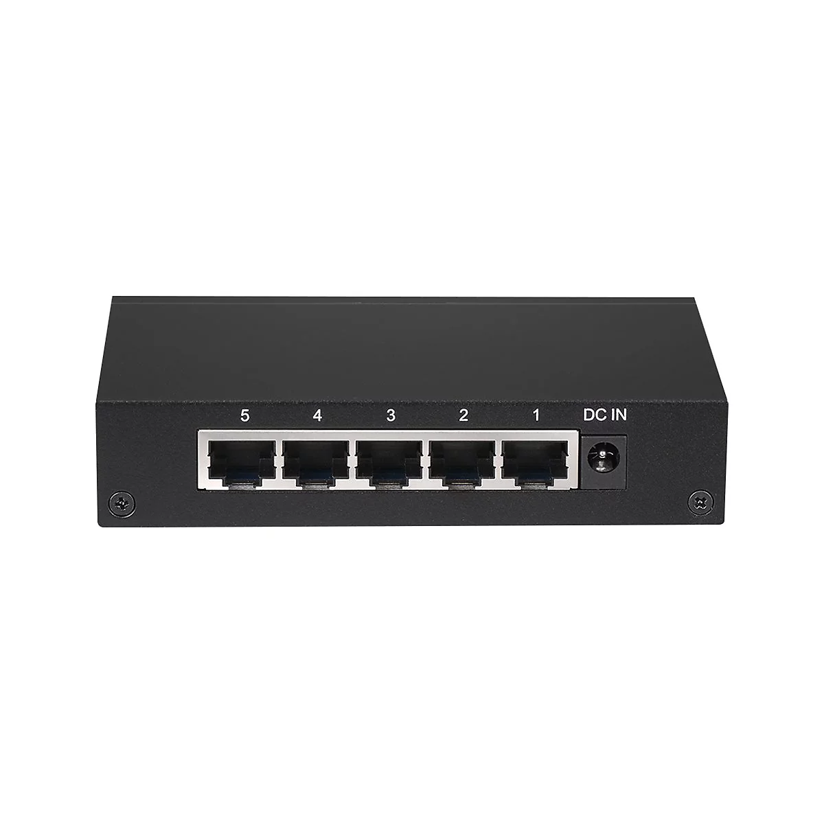 Schwarzer Netzwerk-Switch mit fünf nummerierten LAN-Ports und einem DC-IN-Anschluss auf der Vorderseite.