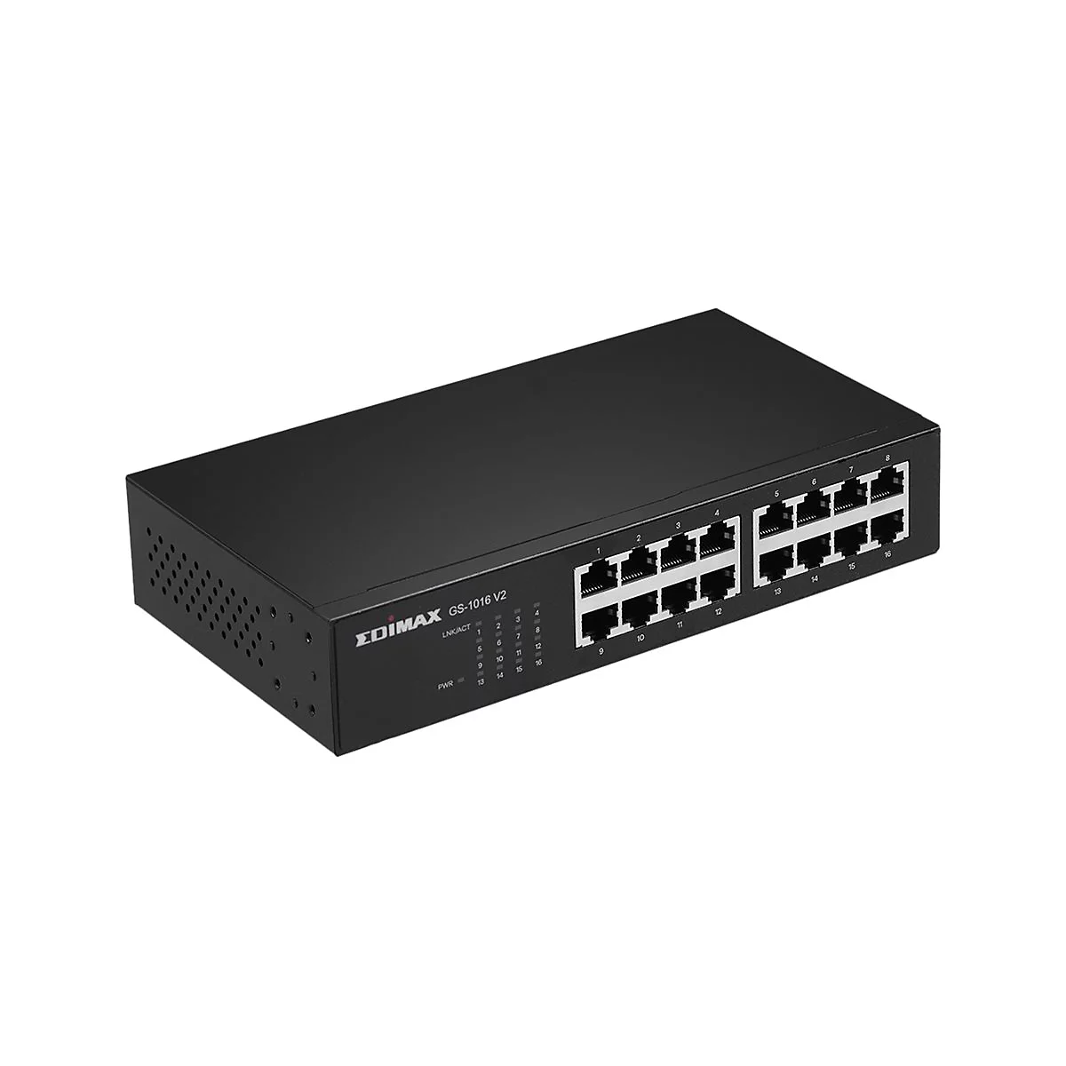 Schwarzer 16-Port Gigabit Ethernet Switch von Edimax vor weißem Hintergrund.