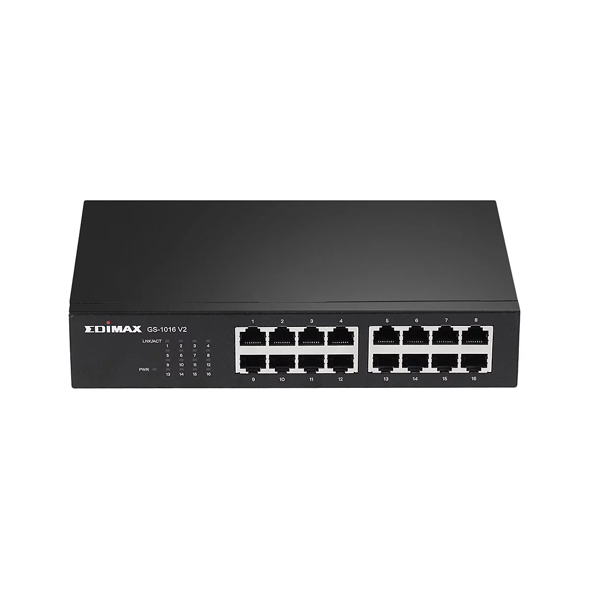 Schwarzer Edimax GS-1016 V2 Netzwerk-Switch mit 16 LAN-Ports und LED-Statusanzeigen auf weißem Hintergrund.