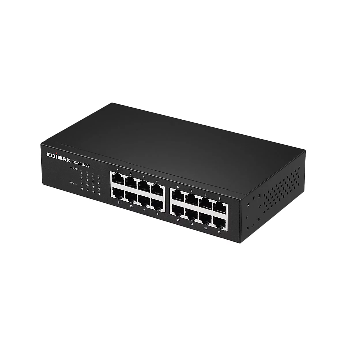 Schwarzer Edimax GS-1016 V2 Gigabit Ethernet-Switch mit 16 Anschlüssen in einer isometrischen Ansicht.