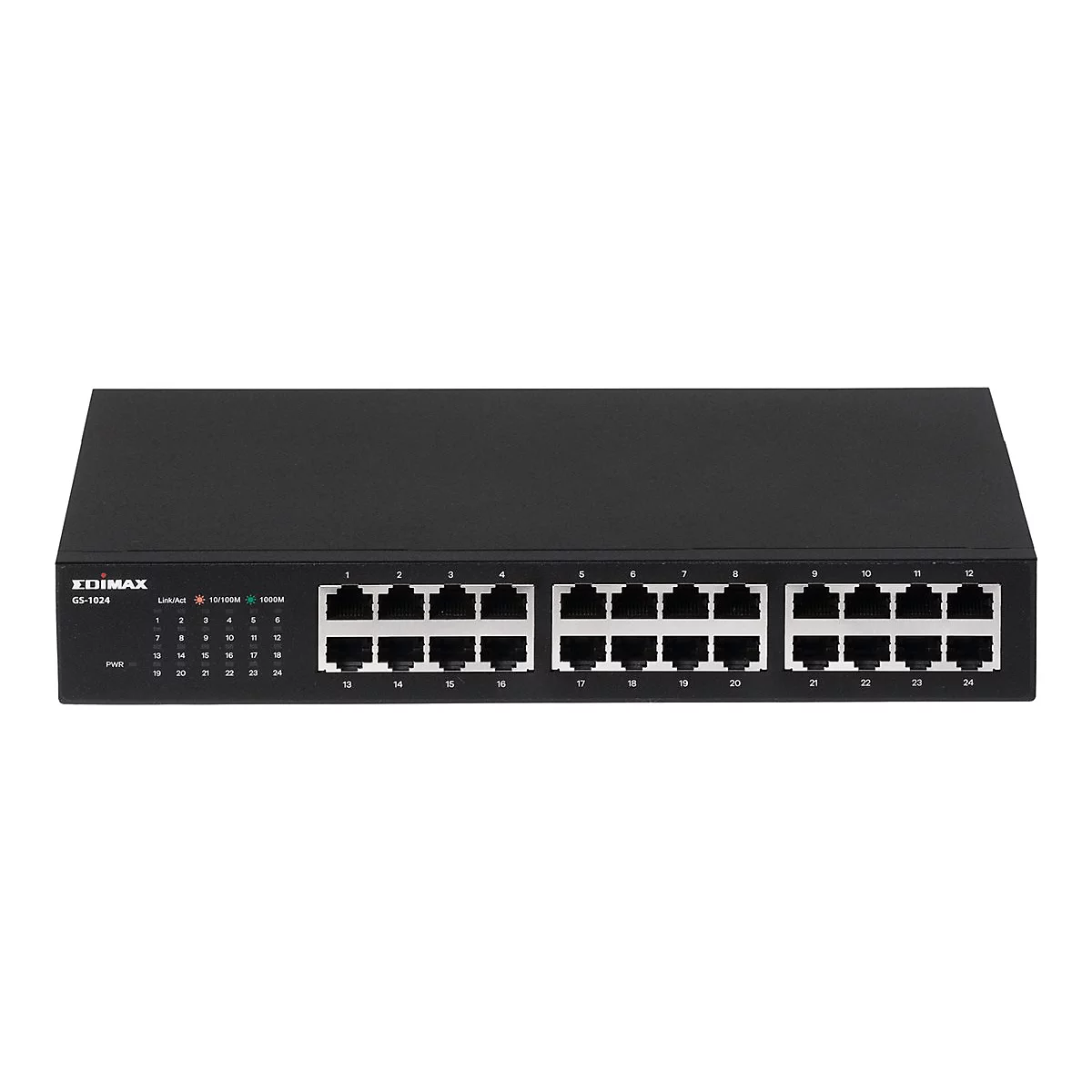 Schwarzer Edimax GS-1024 Netzwerk-Switch mit 24 Ports vor weißem Hintergrund.