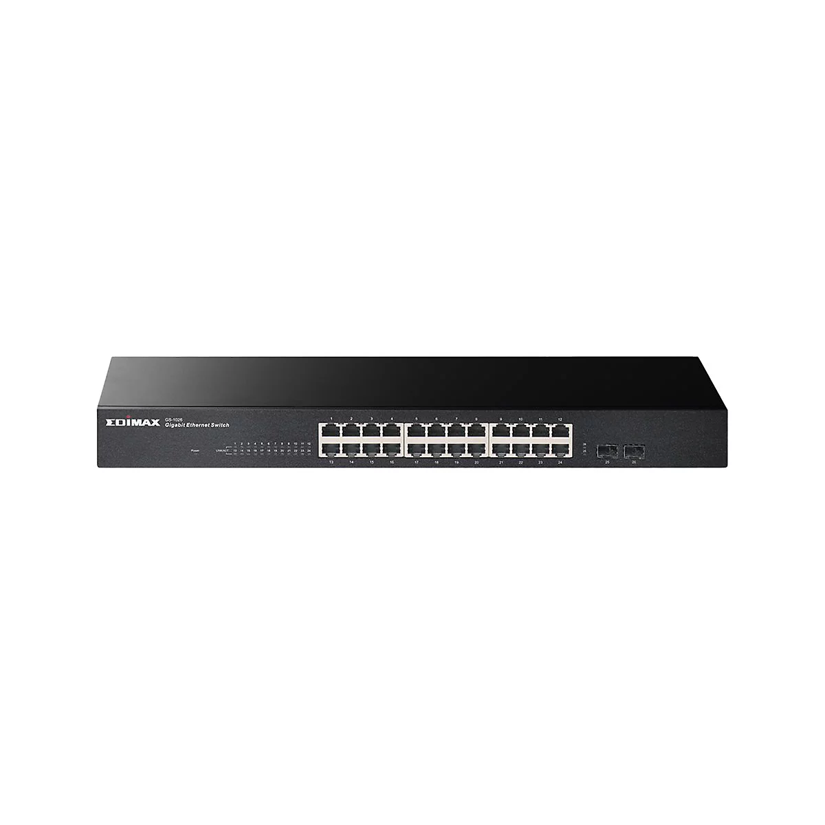 Schwarzer Edimax GS-1026 Gigabit Ethernet Switch mit zahlreichen Anschlüssen auf weißem Hintergrund.