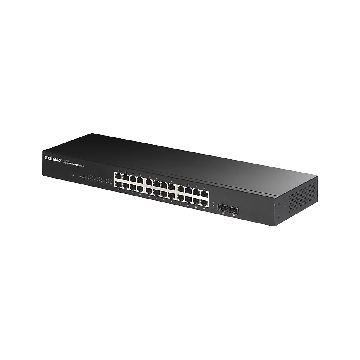 Schwarzer Edimax Gigabit Ethernet Switch mit 26 Ports vor weißem Hintergrund.