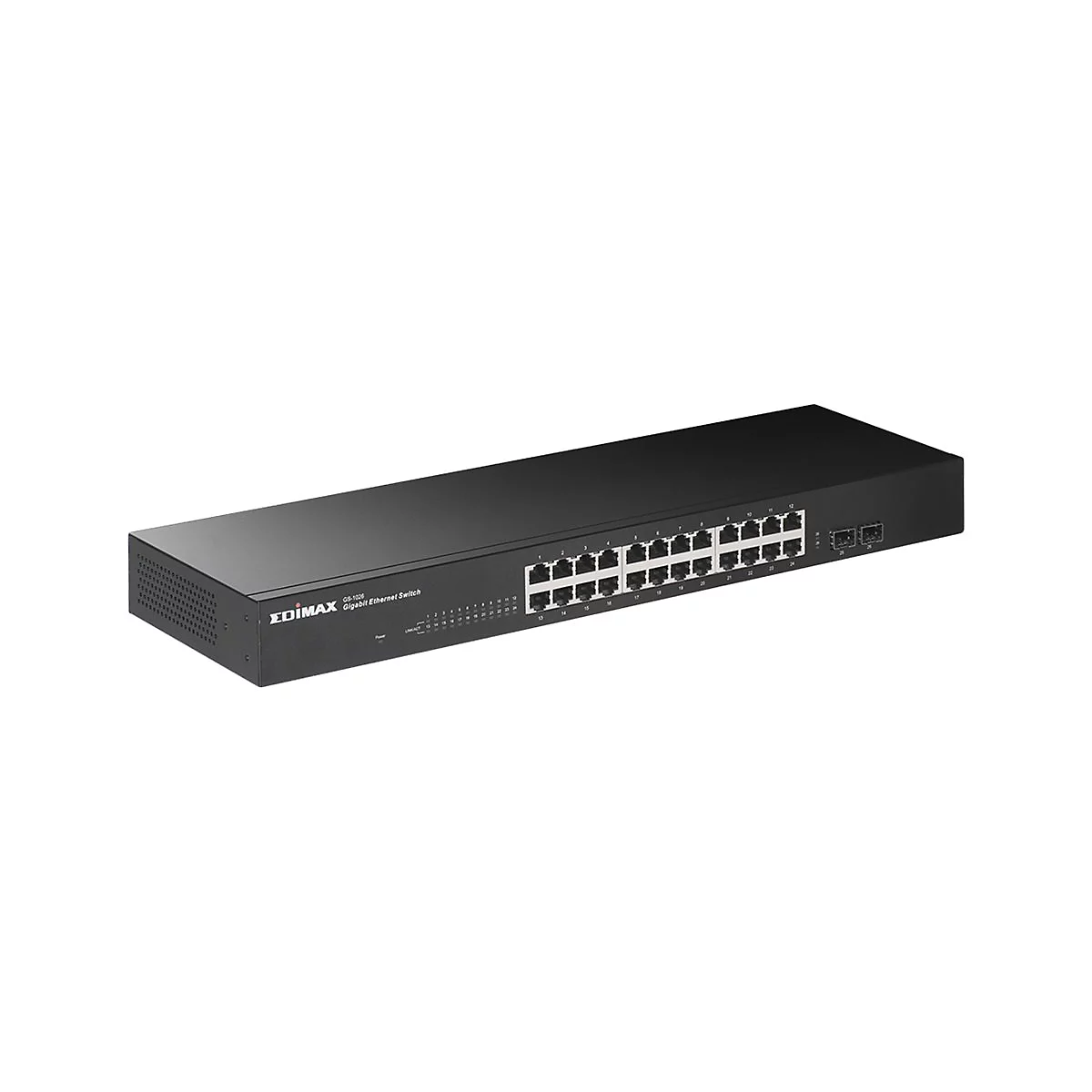Schwarzer Edimax GS-1026 Gigabit Ethernet Switch mit zahlreichen Anschlüssen vor weißem Hintergrund.