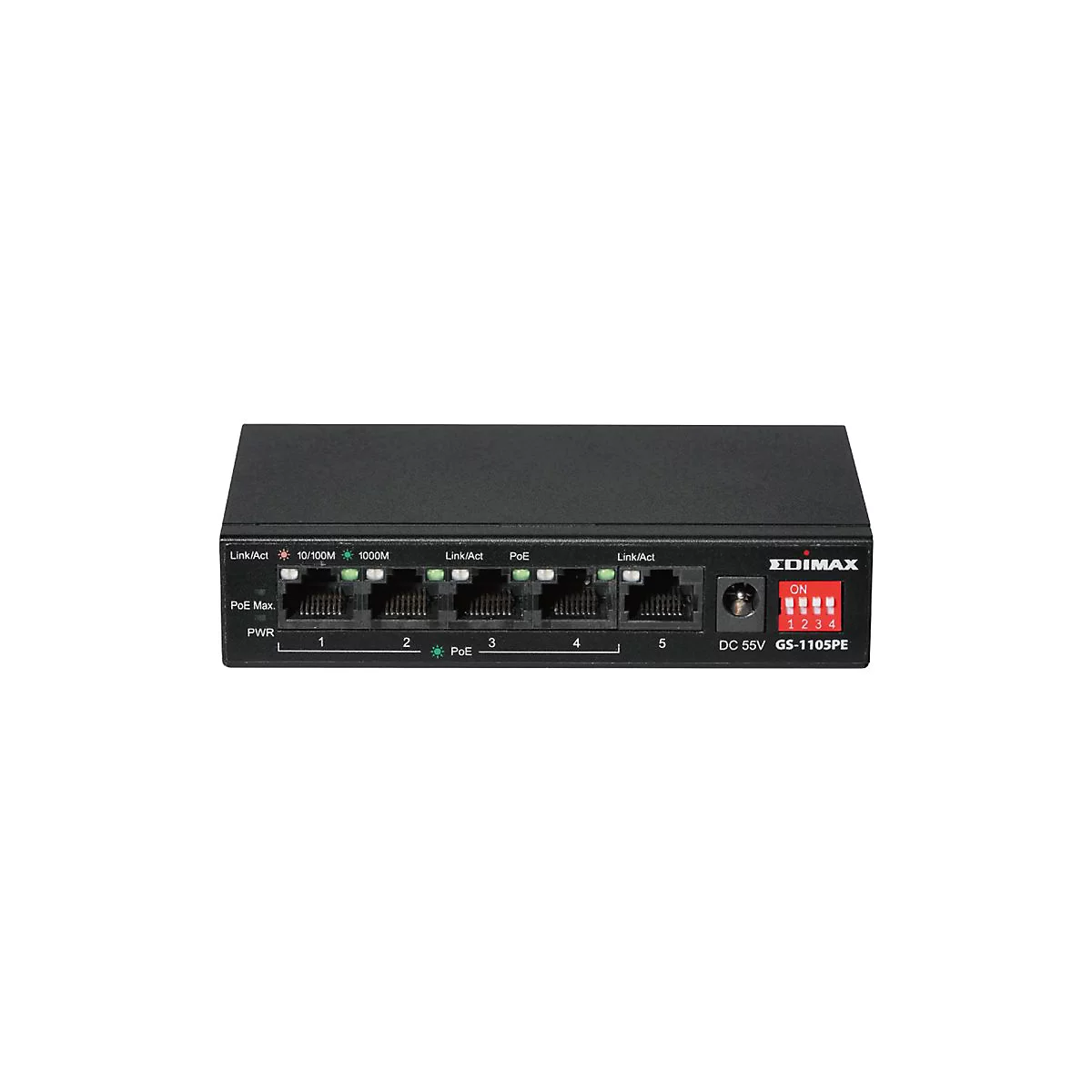Schwarzer Netzwerk-Switch mit fünf Anschlüssen, Leuchten und Schaltern. Aufschrift "EDIMAX GS-1105PE".