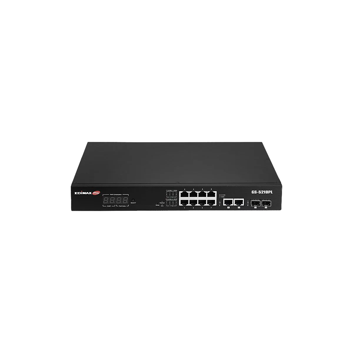 Schwarzer Edimax Pro GS-5210PL Netzwerk-Switch mit Ports, Display und Logo-Aufdruck.