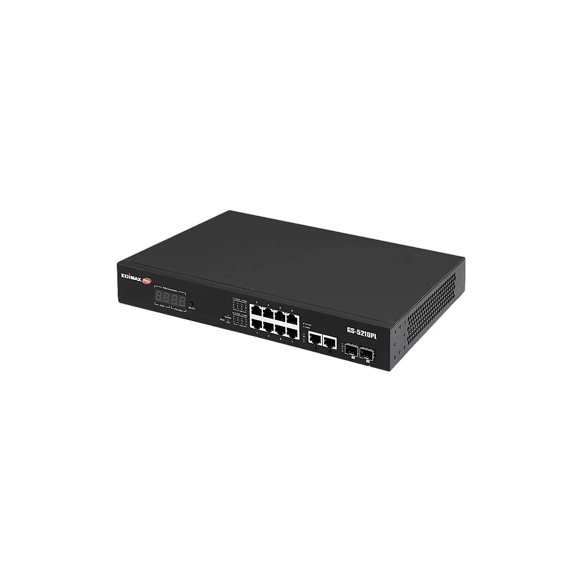 Schwarzer Edimax Pro Netzwerk-Switch mit 10 Ports und digitaler Leistungsanzeige vor weißem Hintergrund.