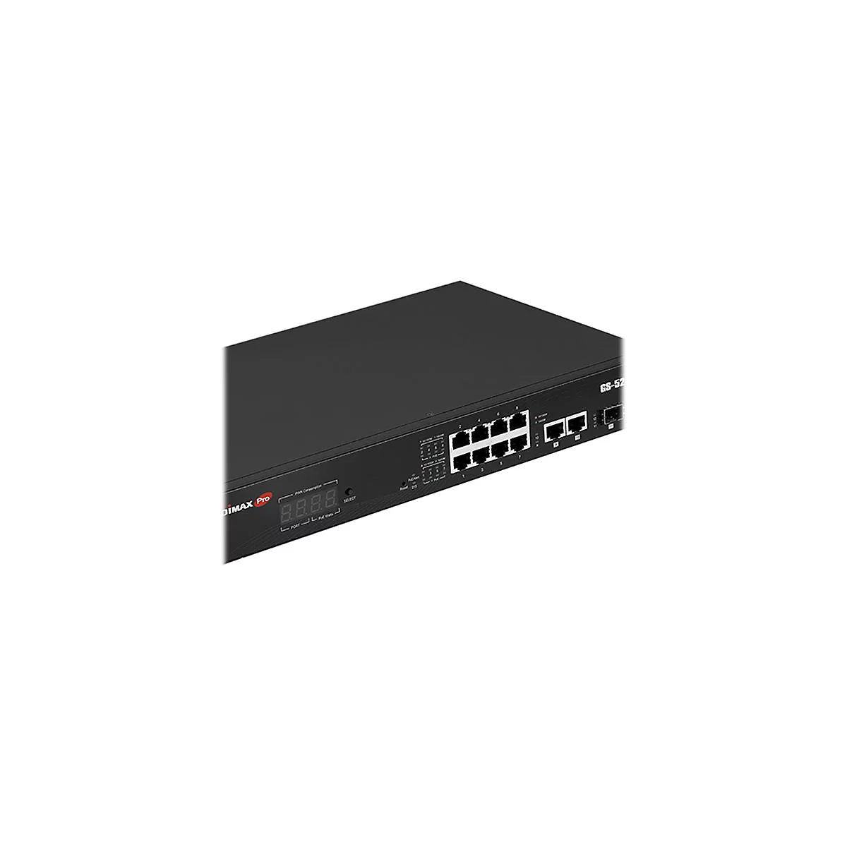 Schwarzer Edimax Pro Netzwerk-Switch mit acht LAN-Ports, LED-Display und Statusanzeigen vor weißem Hintergrund.