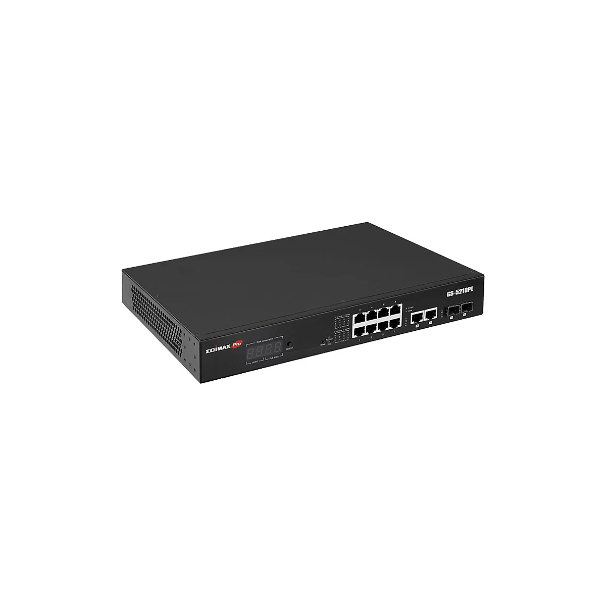 Schwarzer Edimax Pro Netzwerk-Switch GS-5210PL mit Anschlüssen auf der Vorderseite.
