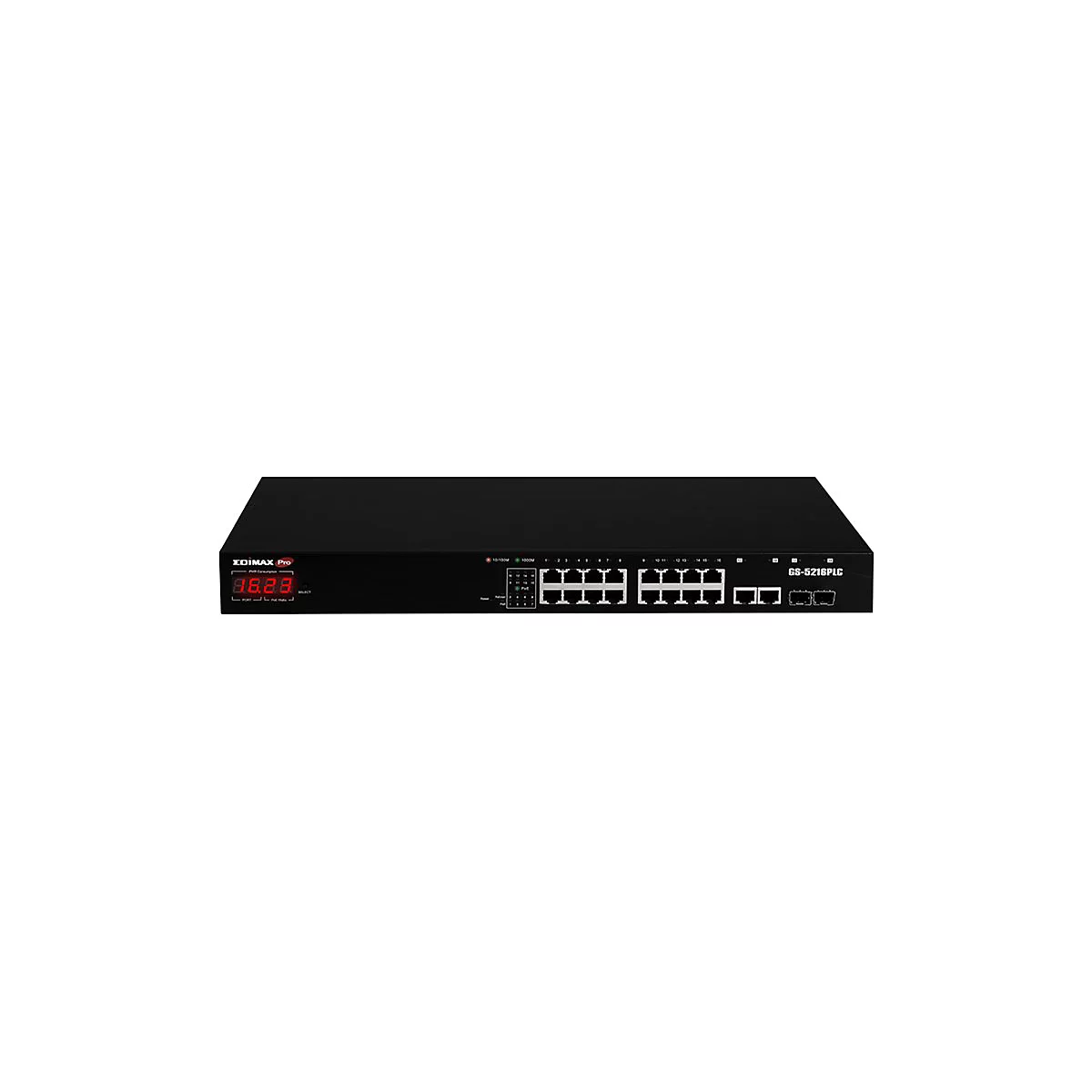Schwarzer Edimax Pro GS-5216PLC Netzwerk-Switch mit 16 Ports und digitaler Leistungsanzeige vor weißem Hintergrund.