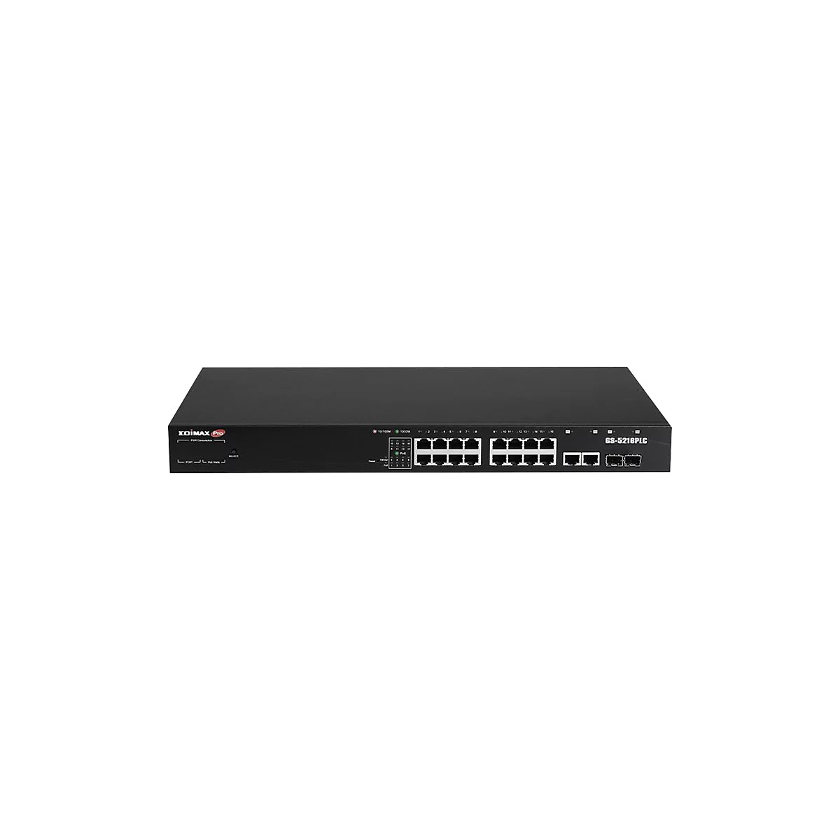 Schwarzer Edimax Pro GS-5216PLC Netzwerk-Switch mit 16 Ports vor weißem Hintergrund.