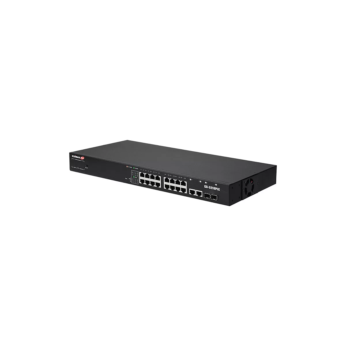 Schwarzer Edimax Pro GS-5216PLC Netzwerk-Switch mit 16 Ports und Lüftergitter vor weißem Hintergrund.
