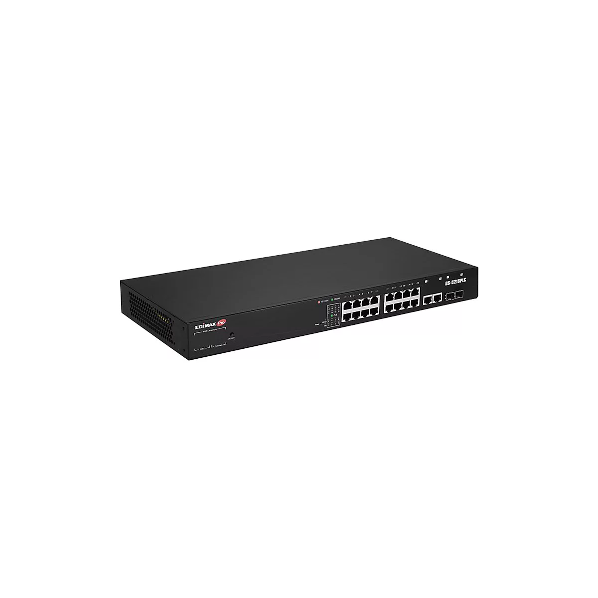 Schwarzer Edimax Pro GS-5216PLC Netzwerk-Switch mit 16 Ports vor weißem Hintergrund.
