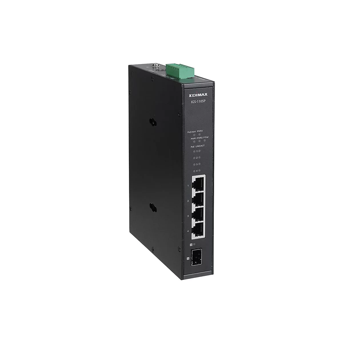 Schwarzer Edimax IGS-1105P Industrie-Switch mit Anschlüssen und LED-Statusanzeigen auf weißem Hintergrund.