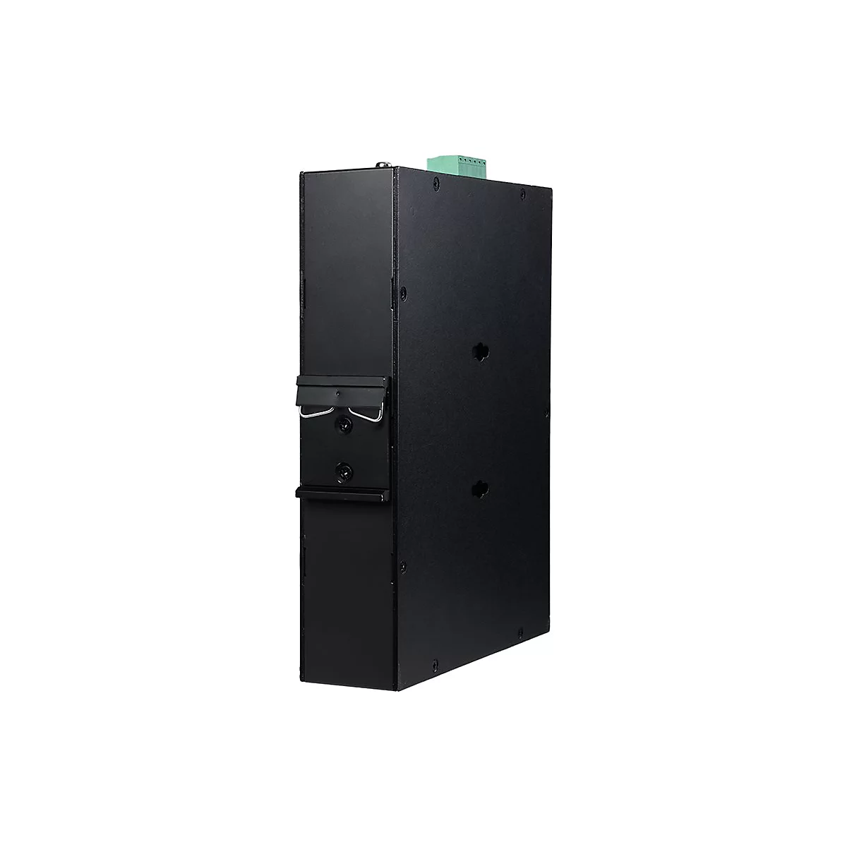 Schwarzes, schmales, rechteckiges Elektronikgehäuse mit seitlicher Montagevorrichtung vor weißem Hintergrund.