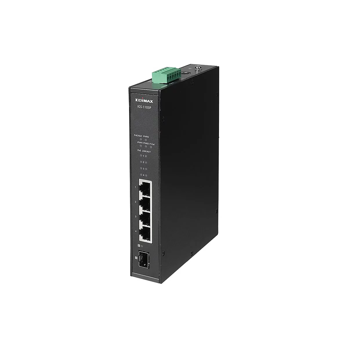 Schwarzer industrieller Edimax-Switch IGS-1105P mit fünf Anschlüssen vor weißem Hintergrund.