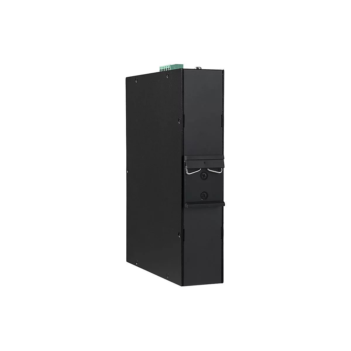 Schwarzes, schmales Metallgehäuse eines elektronischen Geräts mit rückseitiger Hutschiene vor weißem Hintergrund.