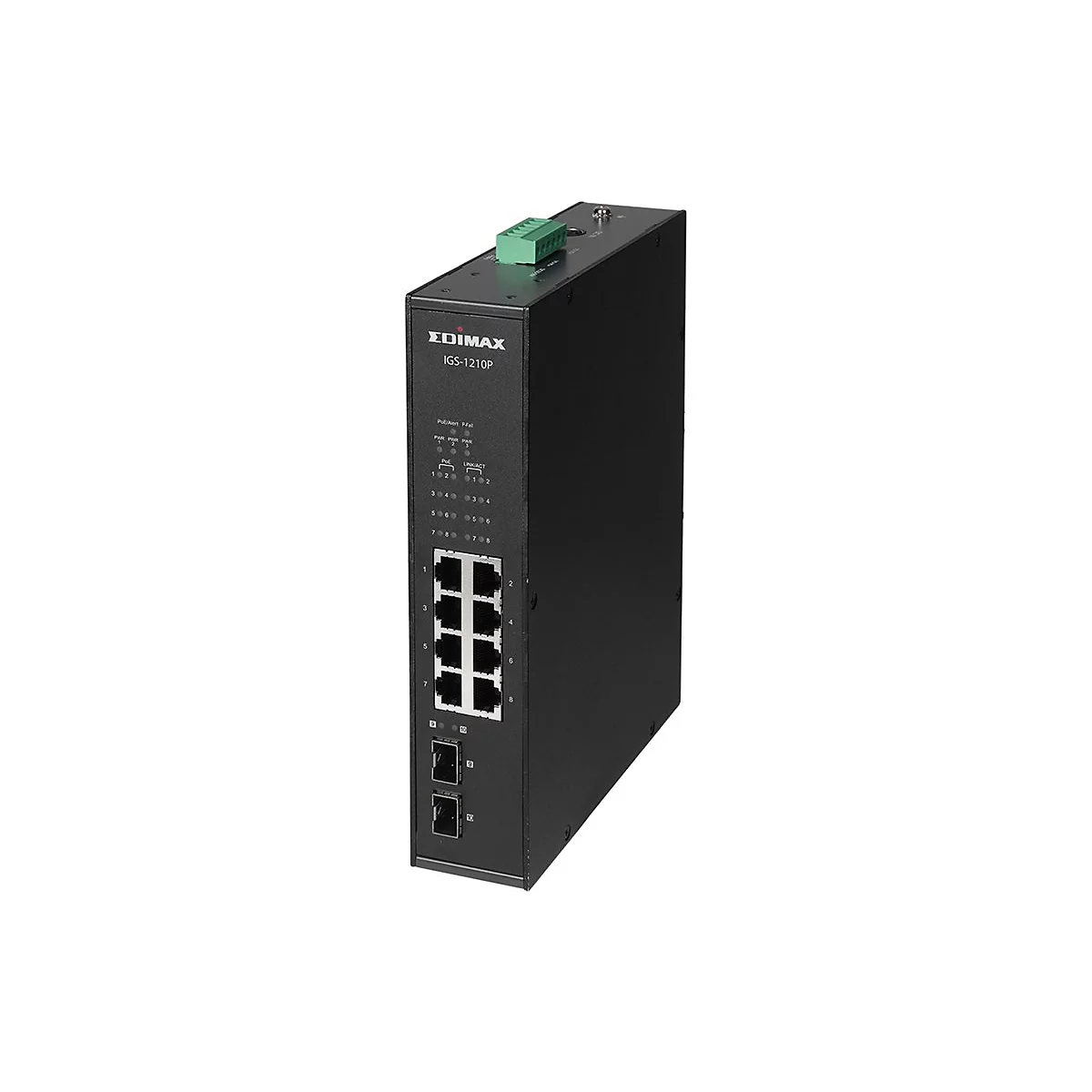 Schwarzer Edimax IGS-1210P Industrie-Switch mit acht LAN-Ports, zwei Glasfaser-Ports und Status-LEDs auf weißem Grund.