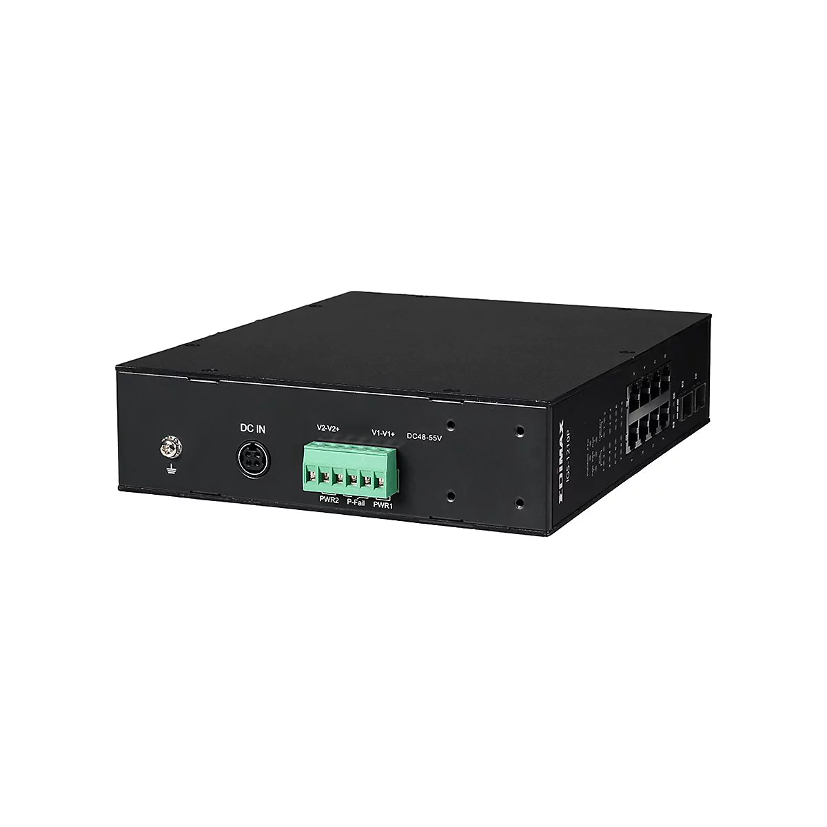 Schwarzer Edimax Industrieswitch IGS-1210P, Ansicht der Rückseite mit Stromanschluss und grünem Klemmblock.