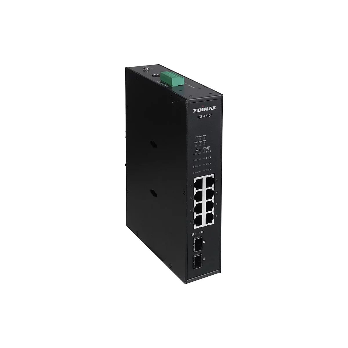 Schwarzer Edimax IGS-1210P Industrial PoE Switch in Metallgehäuse mit acht LAN-Ports und zwei SFP-Slots.