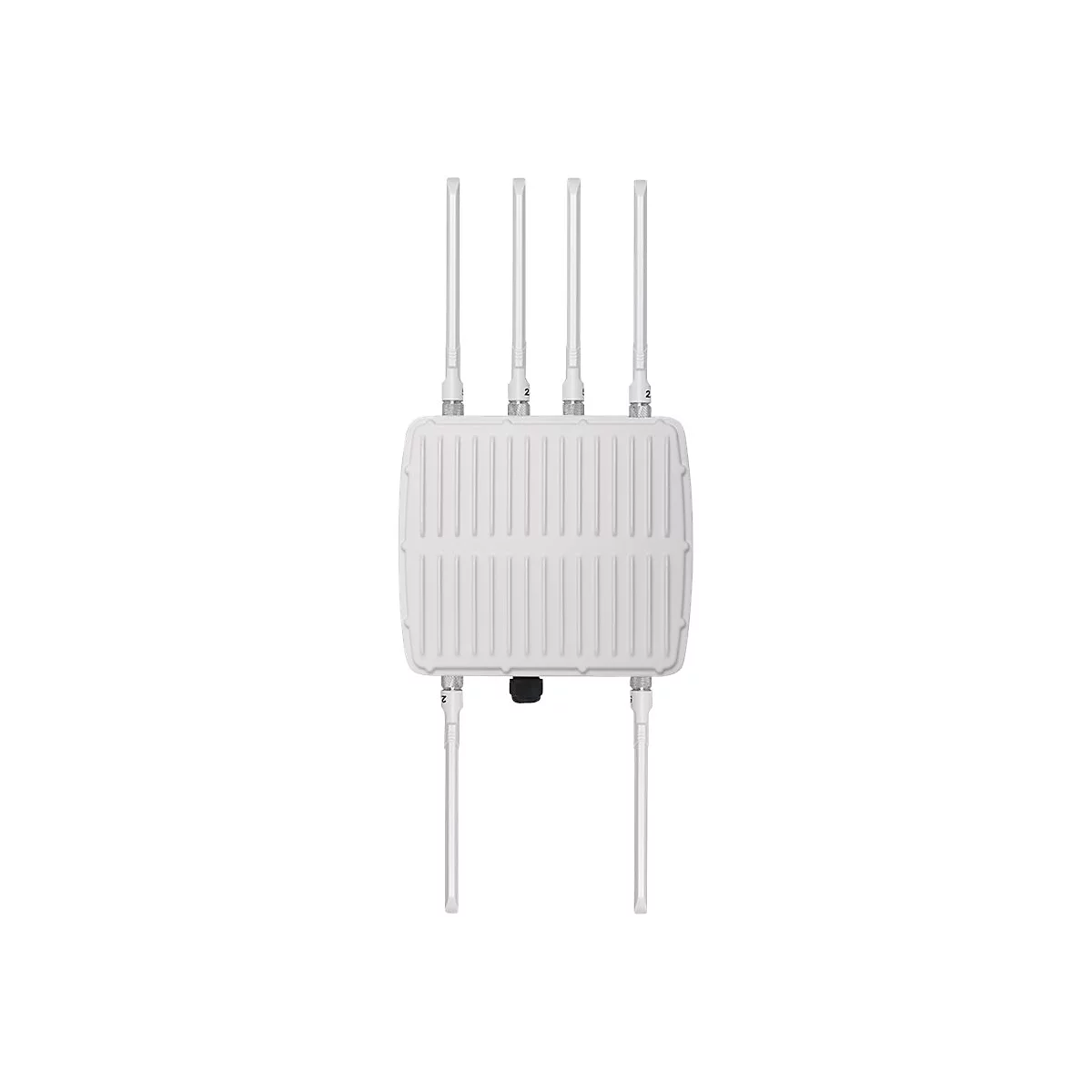 Weißer Outdoor-WLAN-Zugangspunkt mit sechs vertikal ausgerichteten Antennen auf grauem Hintergrund.