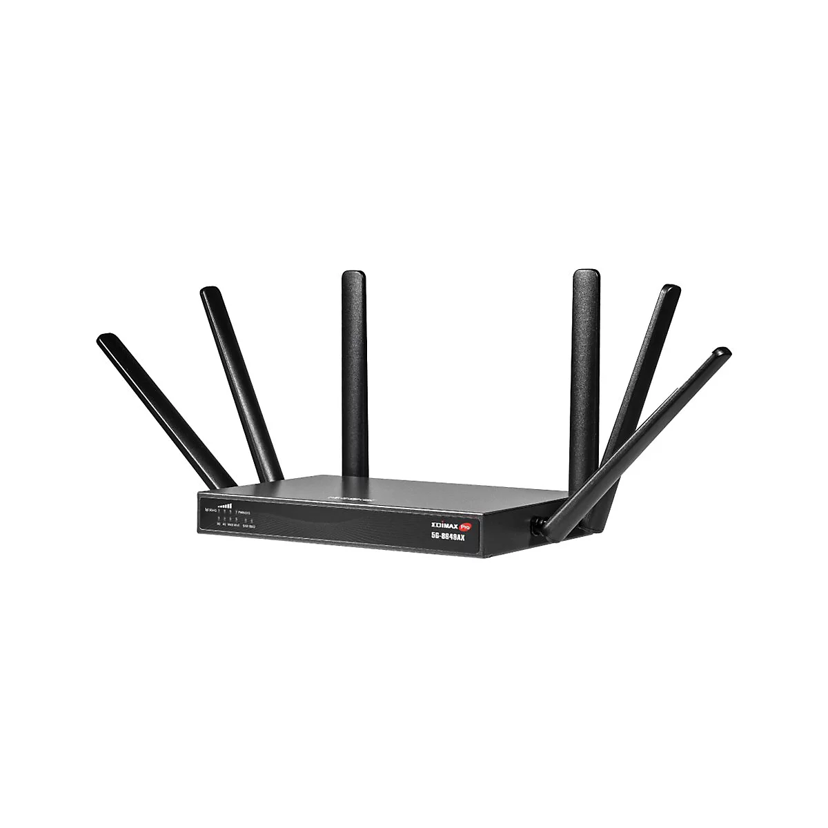 Schwarzer Router mit sechs Antennen, Blick von vorne. Die Antennen sind in verschiedenen Winkeln angeordnet. Text: EDIMAX Pro, SB-8649AX.