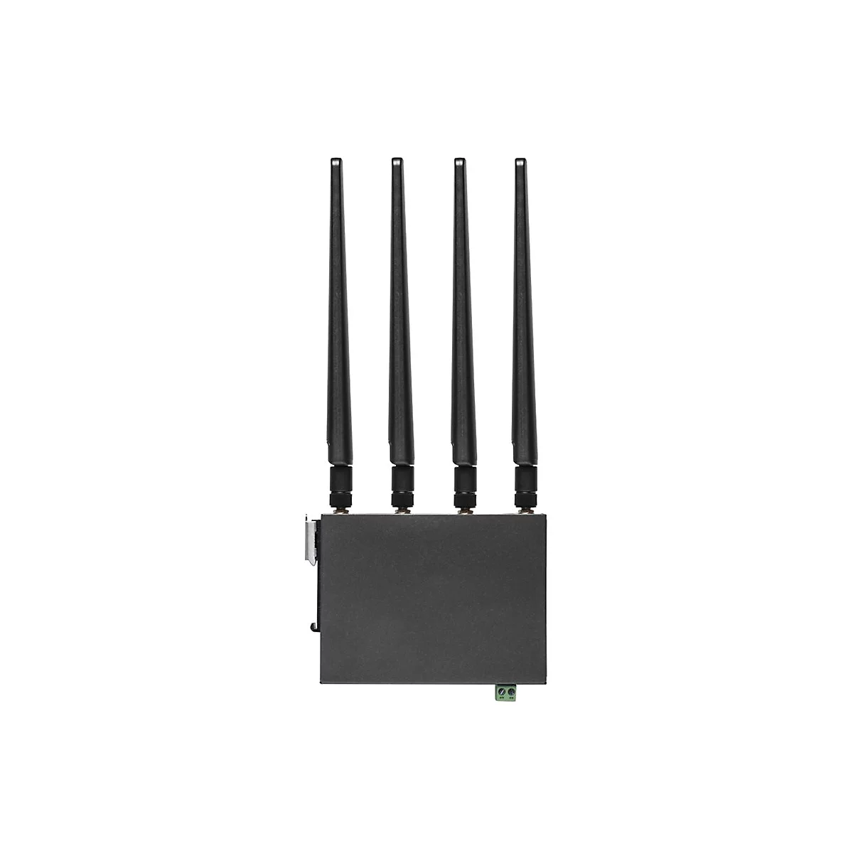 Schwarzes Industrie-Modem mit vier vertikalen Antennen vor weißem Hintergrund.