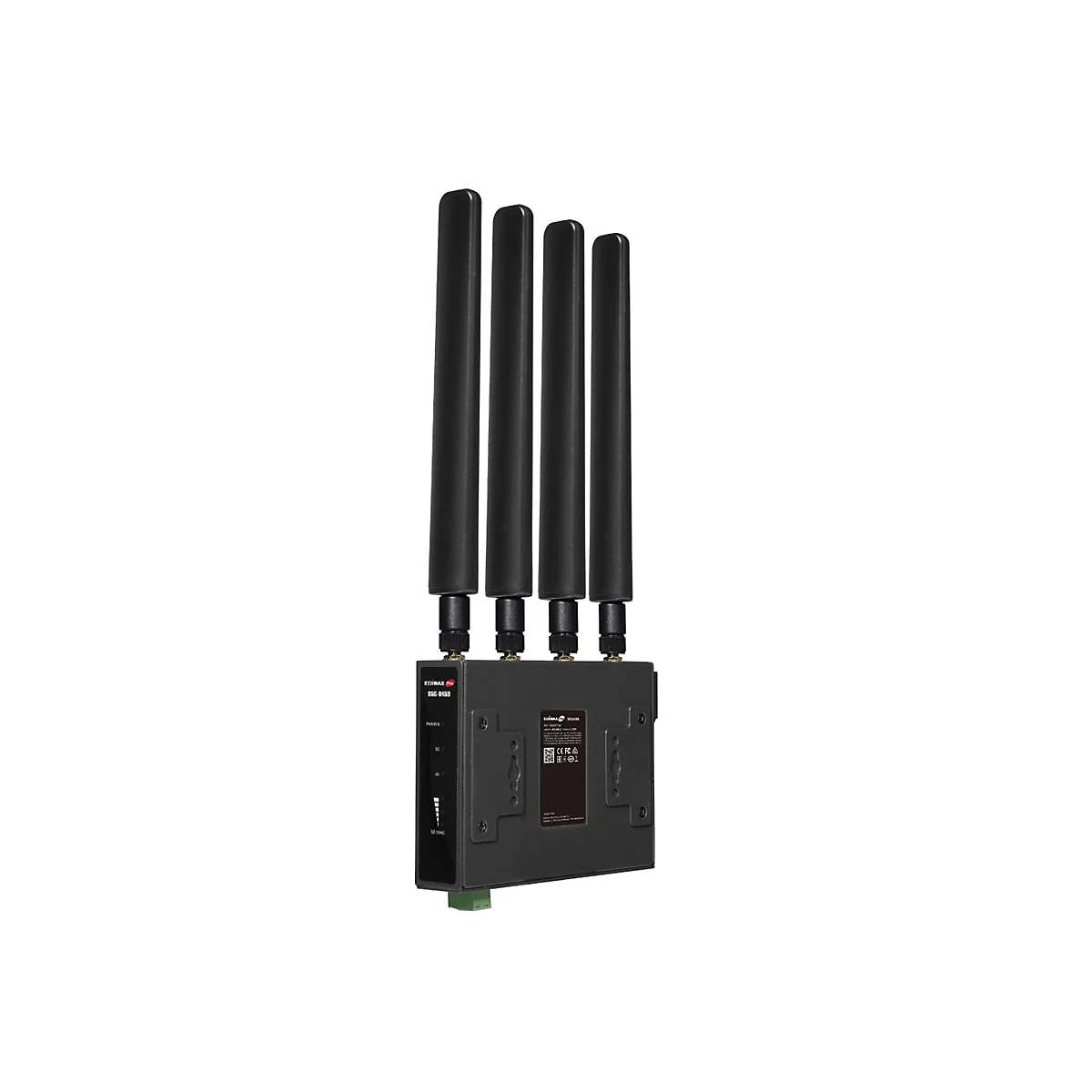 Schwarzer Edimax Router mit vier vertikalen Antennen vor weißem Hintergrund.