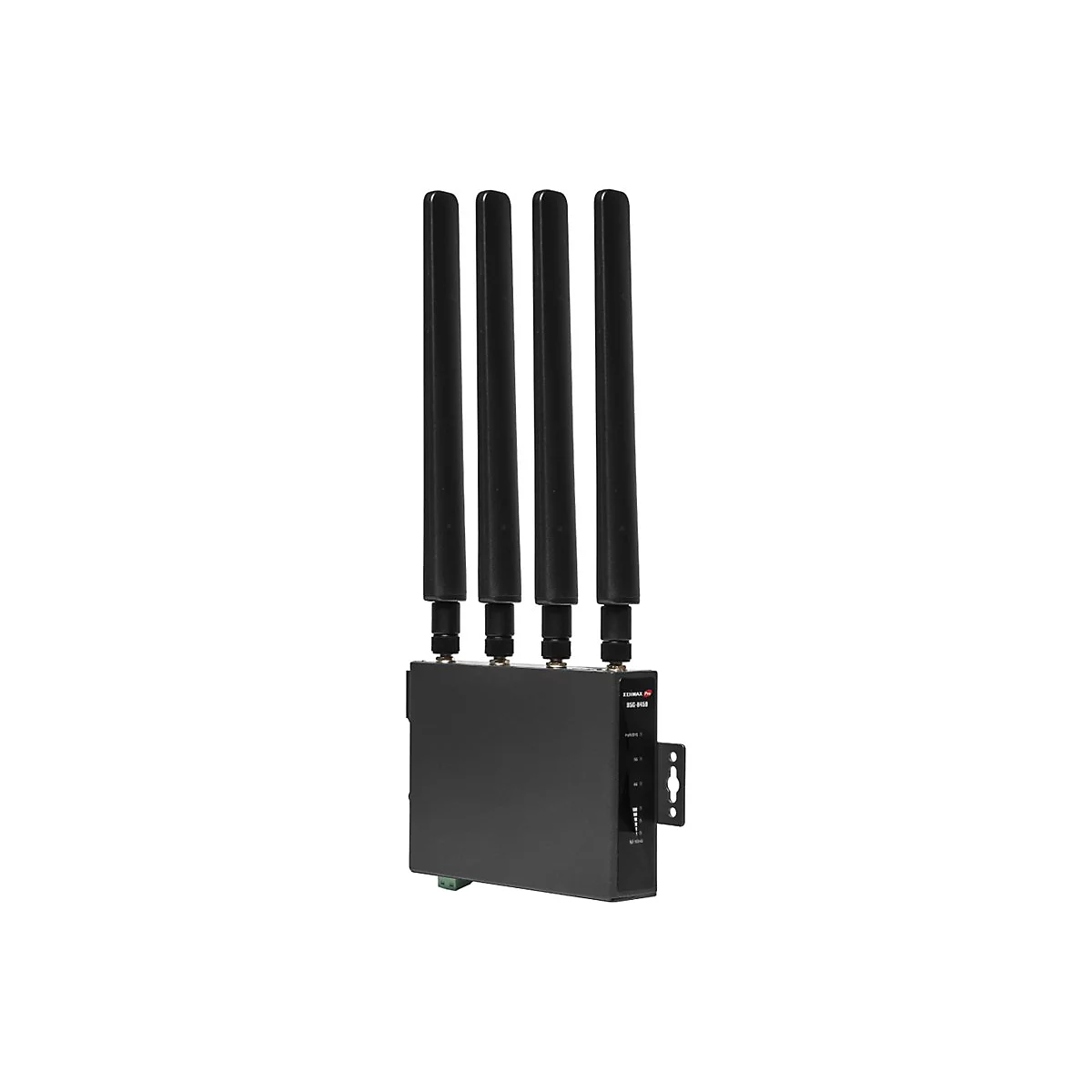 Schwarzer Edimax Pro Netzwerk-Router mit vier vertikalen Antennen vor weißem Hintergrund.