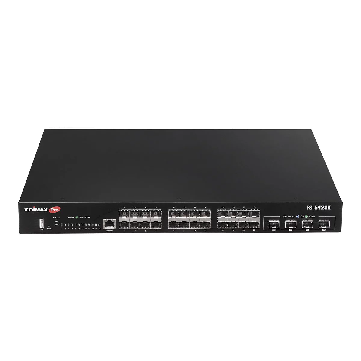 Edimax Pro Netzwerk-Switch FS-5428X mit 28 Ports, schwarz, frontale Ansicht vor weißem Hintergrund.