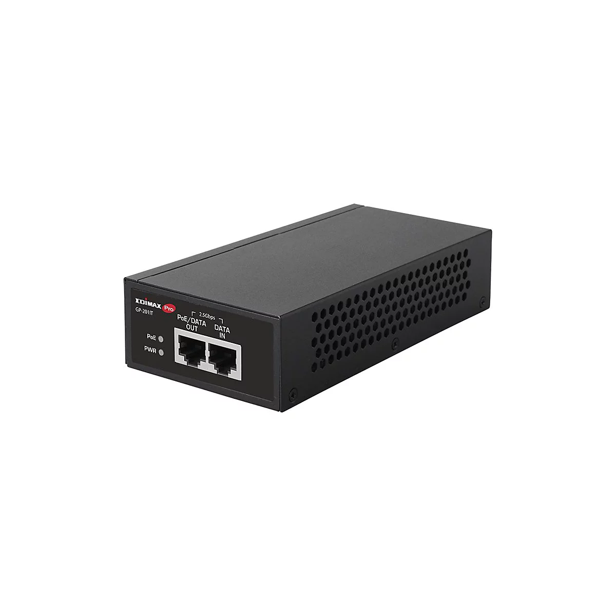 Schwarzer EDIMAX Pro GP-2011T PoE-Injektor. Mit zwei Ports, Beschriftung PoE/Data Out und Data In, sowie Anzeigeleuchten.