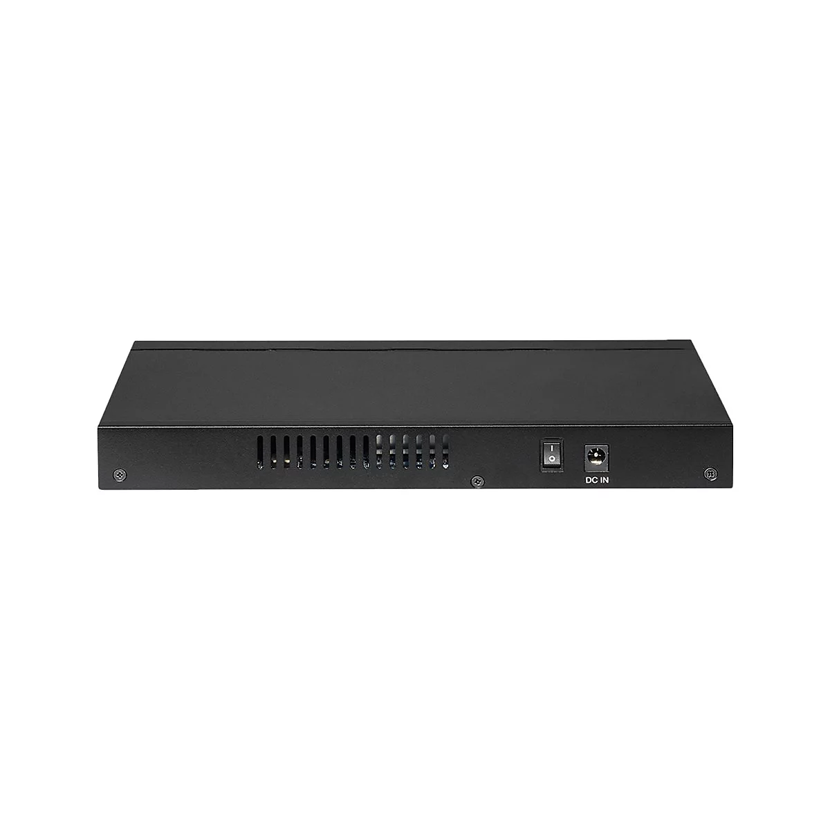 Rückseite eines flachen, schwarzen Netzwerk-Switch-Gehäuses mit Lüftungsschlitzen, Stromschalter und DC-Eingangsbuchse.