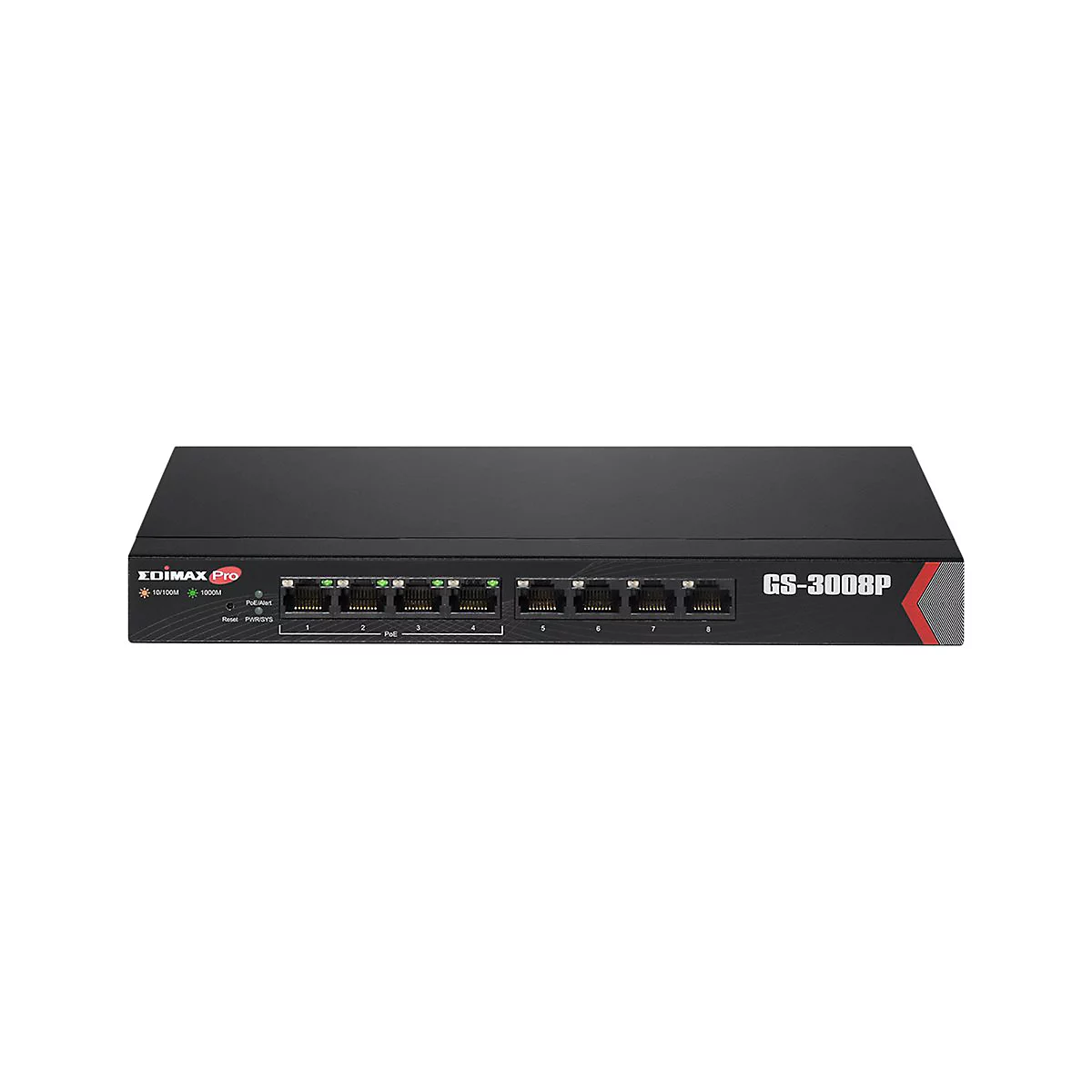 Edimax Pro GS-3008P Netzwerk-Switch mit acht Ports in schwarzem Gehäuse vor weißem Hintergrund.