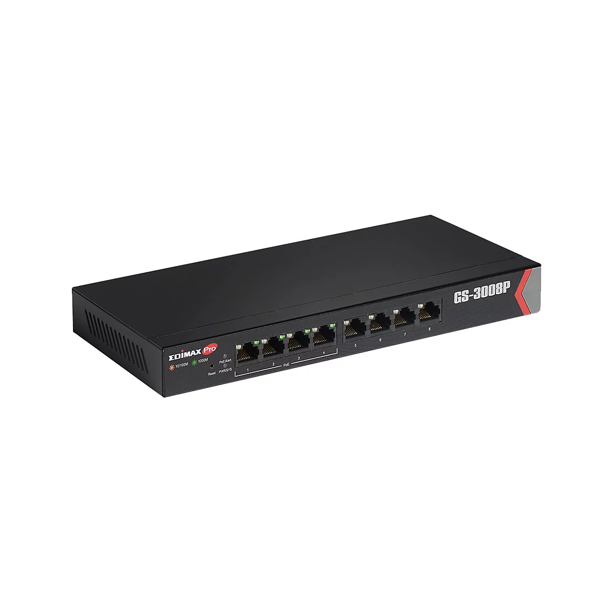 Schwarzer Edimax Pro GS-3008P Netzwerk-Switch mit acht Ports vor weißem Hintergrund.