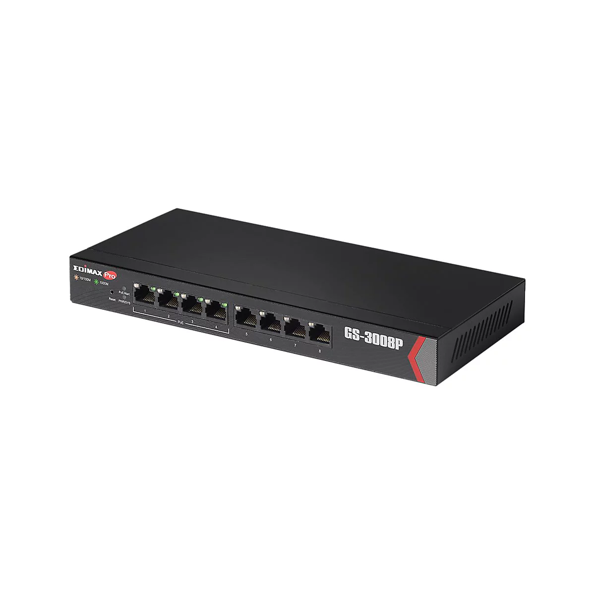 Schwarzer Edimax Pro GS-3008P Gigabit-Netzwerk-Switch mit acht Ports und LED-Anzeigen auf weißem Hintergrund.