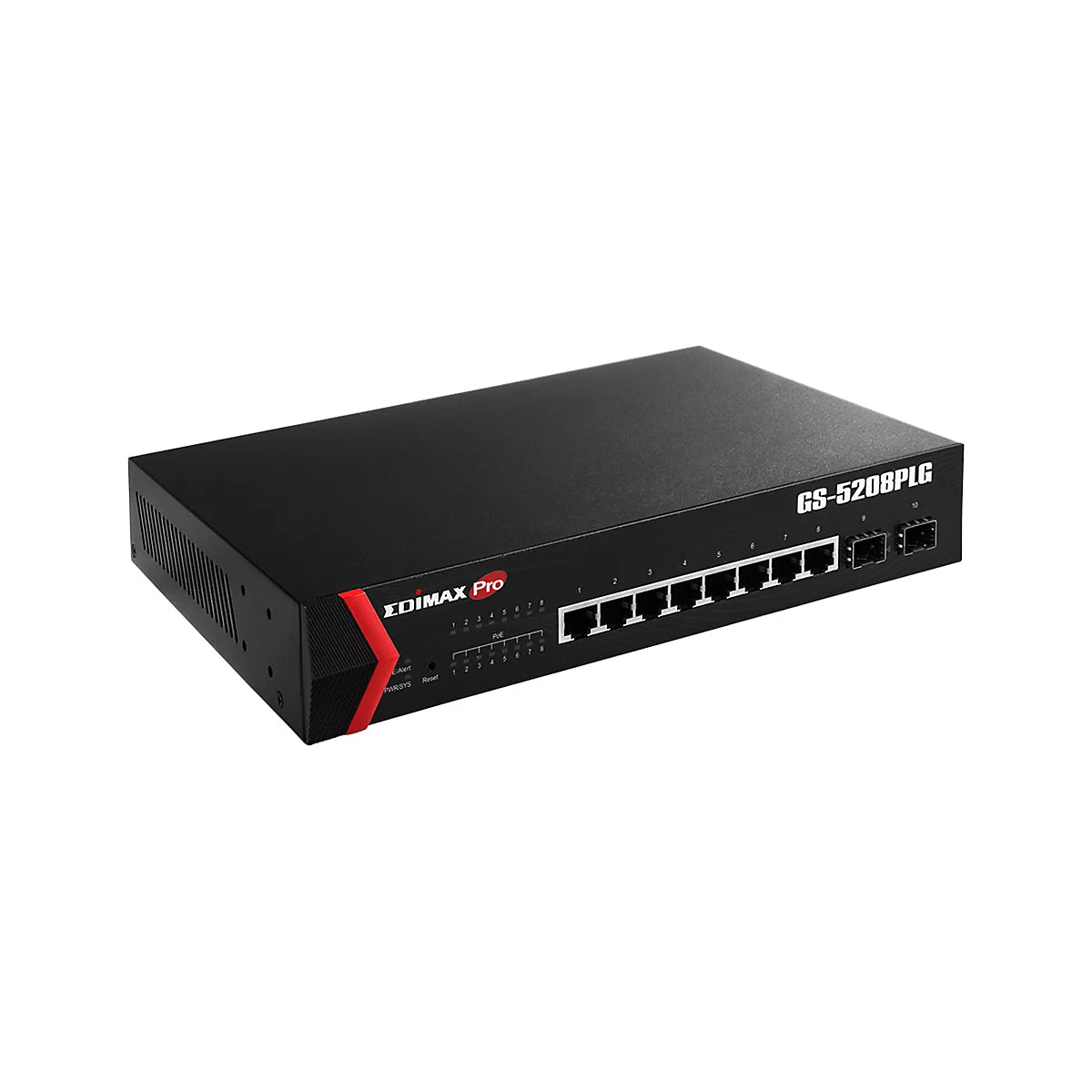 Schwarzer Edimax Pro Netzwerk-Switch mit 10 Anschlüssen vor weißem Hintergrund.