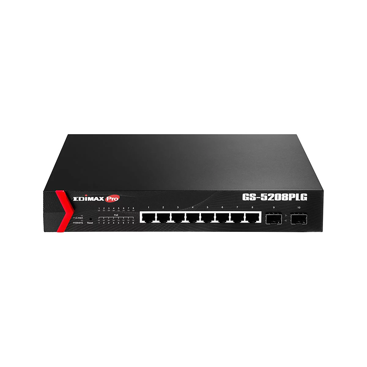 Schwarzer Edimax Pro GS-5208PLG Netzwerk-Switch vor weißem Hintergrund.