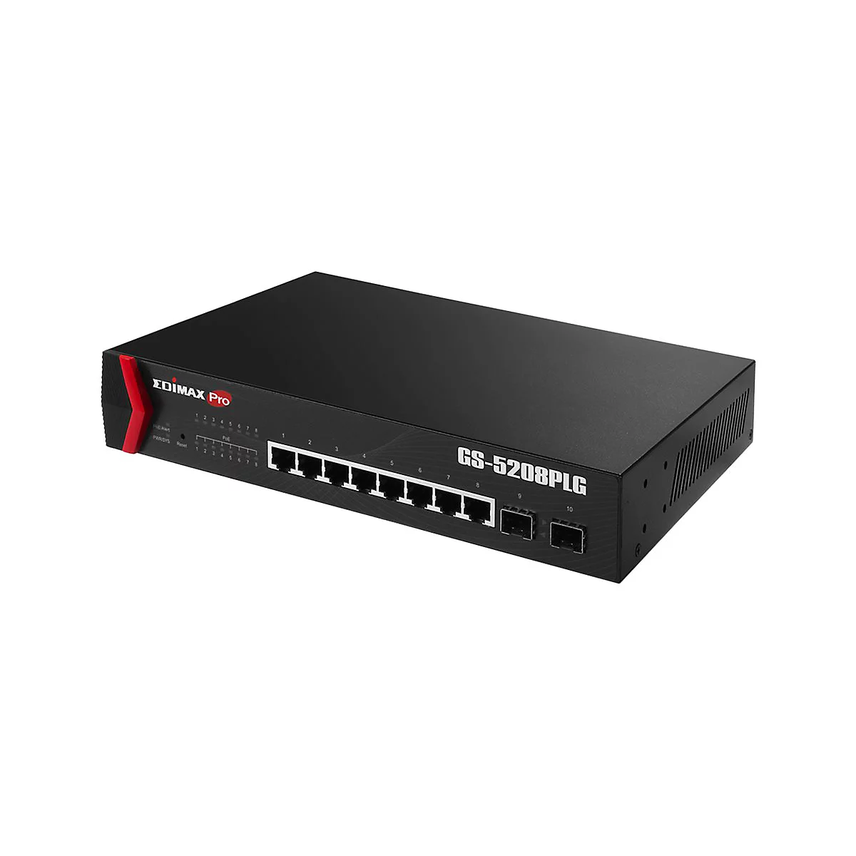 Schwarzer Edimax Pro GS-5208PLG Netzwerk-Switch mit acht LAN-Ports und zwei SFP-Anschlüssen vor weißem Hintergrund.