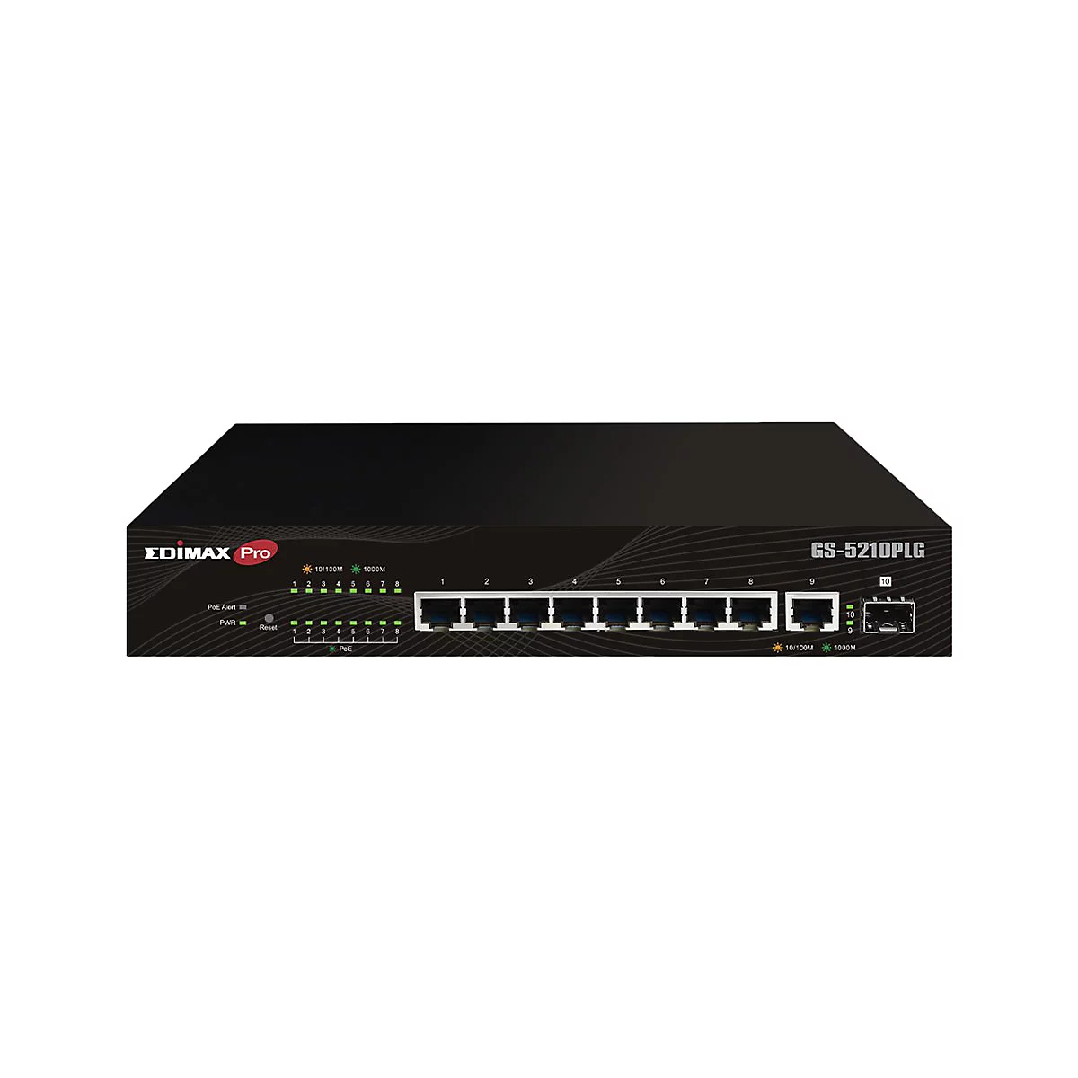 Schwarzer Edimax Pro Netzwerk-Switch GS-5210PLG mit acht RJ45-Ports und zwei SFP-Steckplätzen vor weißem Hintergrund.