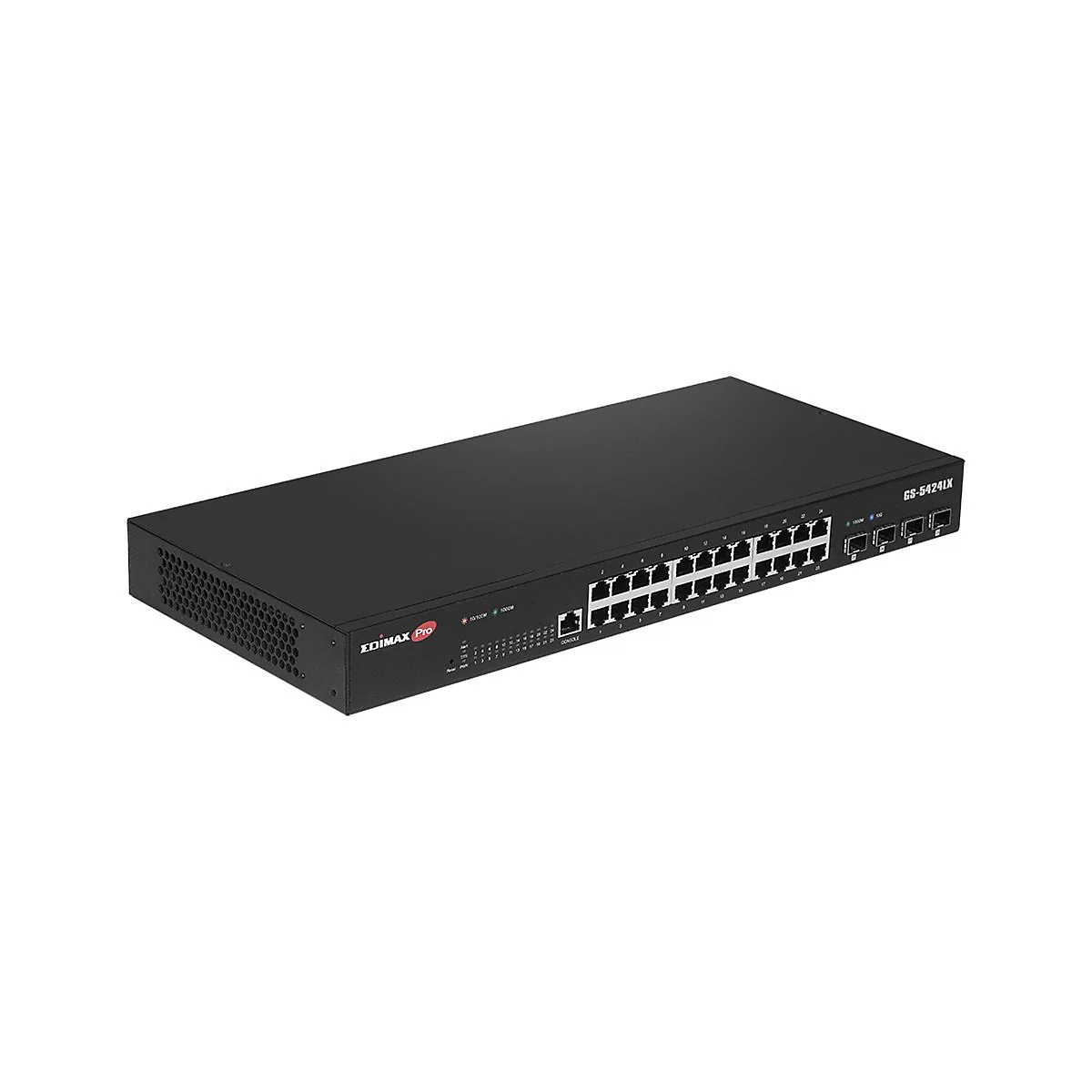Schwarzer Netzwerk-Switch von Edimax Pro mit vielen Anschlüssen.