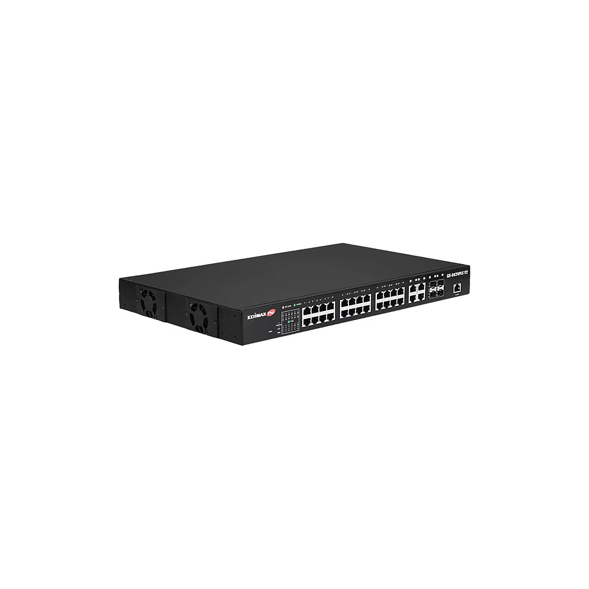 Schwarzer Edimax Pro Netzwerk-Switch mit zahlreichen Anschlüssen vor weißem Hintergrund.