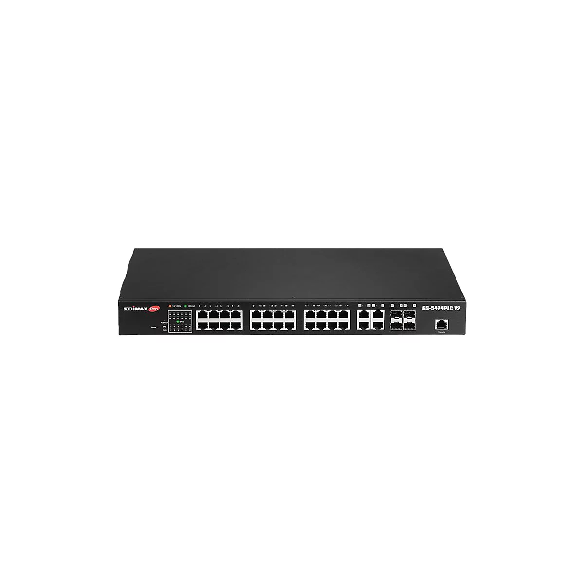 Schwarzer Edimax Pro GS-5424PLC V2 Netzwerk-Switch mit 24 Ports vor weißem Hintergrund.