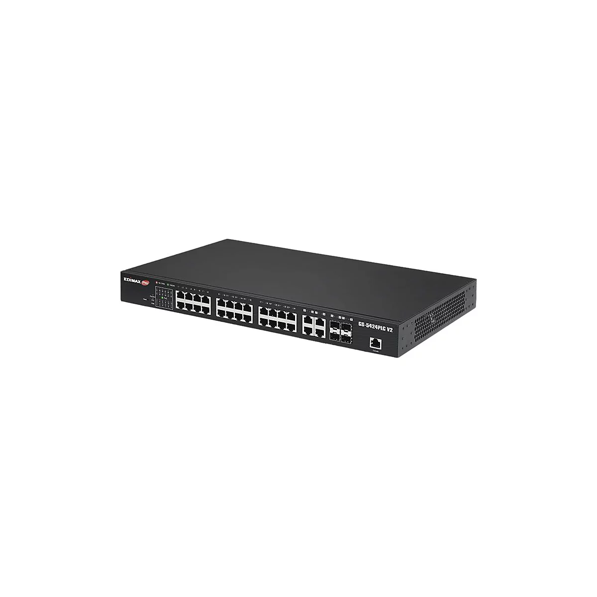 Schwarzer Edimax Pro GS-5424PLC V2 Netzwerk-Switch mit 24 Ports vor weißem Hintergrund.