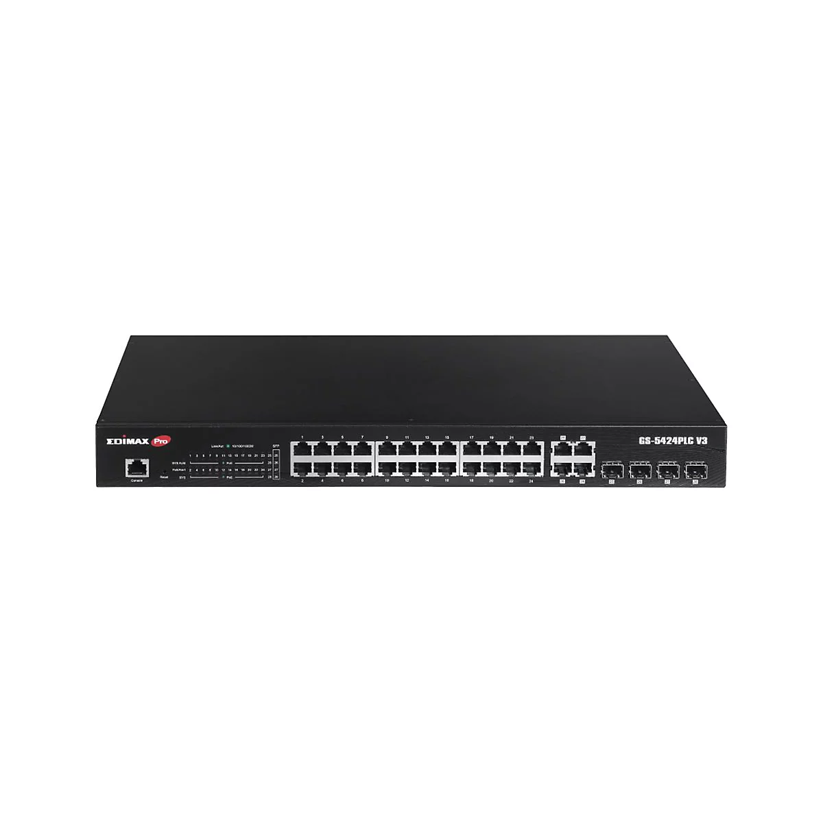 Schwarzer Edimax Pro Netzwerk-Switch GS-5424PLC V3 mit zahlreichen Ethernet- und SFP-Anschlüssen vor weißem Hintergrund.