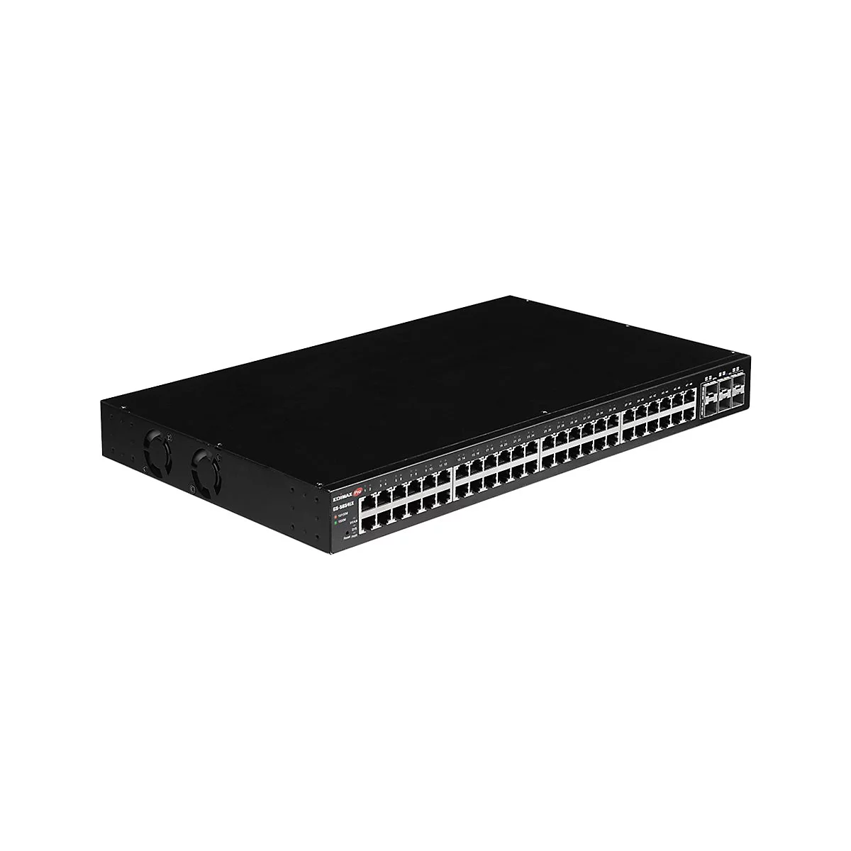 Schwarzer Edimax Pro GS-5024LX Netzwerk-Switch in einer perspektivischen Ansicht auf weißem Hintergrund.