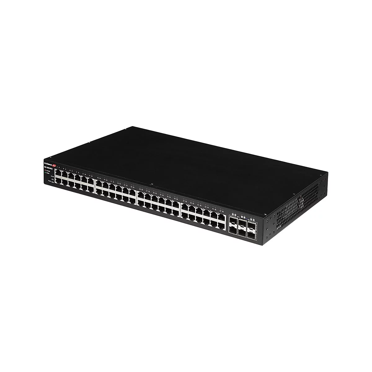 Schwarzer Edimax Pro Netzwerk-Switch mit zahlreichen RJ45-Ports und SFP-Anschlüssen auf der Vorderseite.